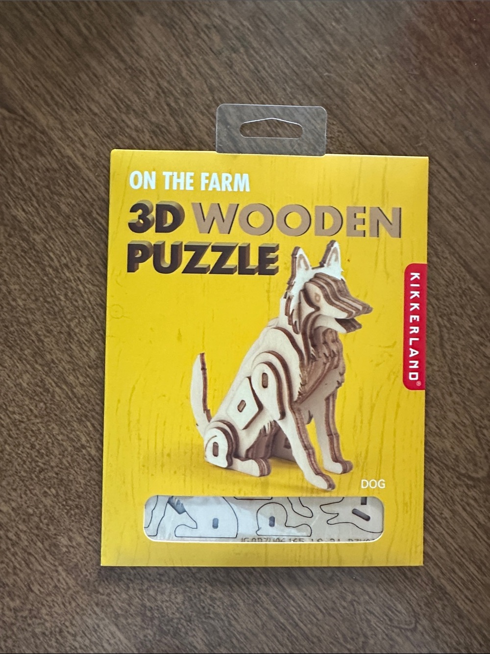 Kikkerland 3D Wooden Dog Puzzle - Yellow Box with Natural Wood